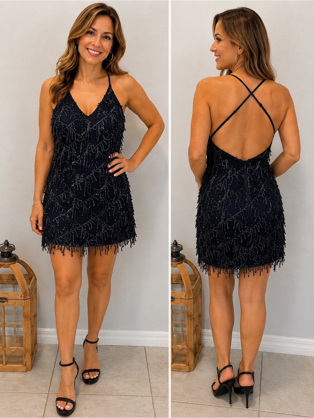 Papaya Black Beaded Fringe Crisscross Mini Dress